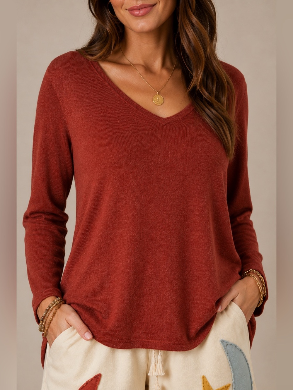 Miracle Rust V-Neck Oversized Tunic Sweater – Cotton Angora Blend